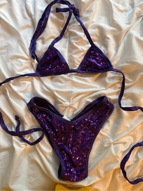 Purple Sequin Triangle Bikini Set Women Scrunch Butt